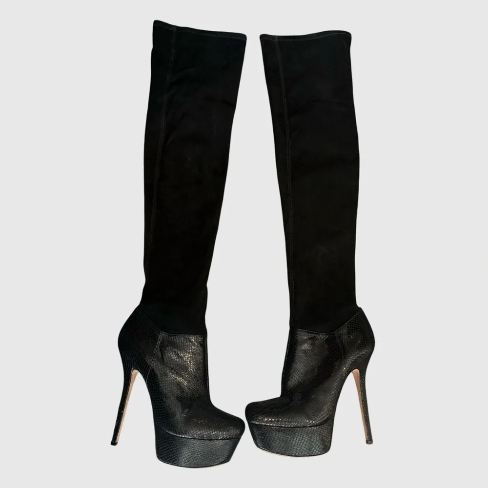 Alice + Olivia Black Thigh-High Platform Stiletto Over-the-Knee Leather Boots